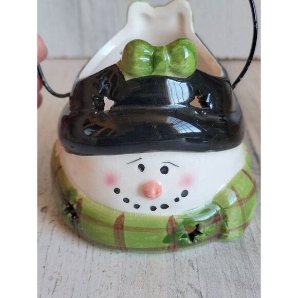 Snowman face tea light candle holder green bow star Xmas figure - Picture 7 of 11